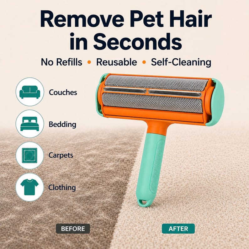 May include: An orange and teal pet hair remover with a handle. The text on the image reads "Remove Pet Hair in Seconds." It is designed for couches, bedding, carpets, and clothing. The image shows the before and after effect of the product.