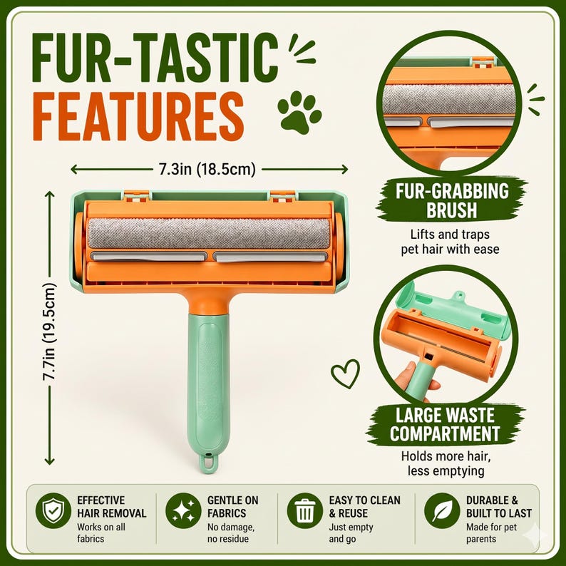 May include: An orange and green pet hair remover brush, 7.3 inches (18.5 cm) wide and 7.7 inches (19.5 cm) tall. Features include a fur-grabbing brush, a large waste compartment, and is gentle on fabrics. The text reads "FUR-TASTIC FEATURES".