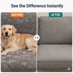 May include: A split-screen image shows a before-and-after comparison. On the left, a golden retriever rests on a gray couch covered in pet hair. The right side shows the same couch, now clean. The text at the top reads "See the Difference Instantly."