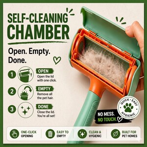 May include: A self-cleaning pet hair remover with a green and orange design. The chamber is open, revealing collected pet hair. The text reads "Open. Empty. Done." and highlights features like one-click opening and easy emptying.