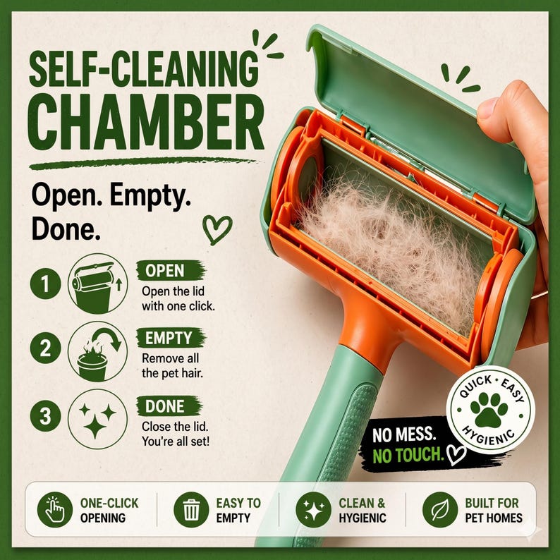May include: A self-cleaning pet hair remover with a green and orange design. The chamber is open, revealing collected pet hair. The text reads "Open. Empty. Done." and highlights features like one-click opening and easy emptying.