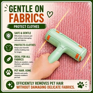 May include: A mint green pet hair remover with orange accents is held over a pink knitted fabric. The image includes text highlighting the product's ability to gently remove pet hair from clothes and protect fabrics.