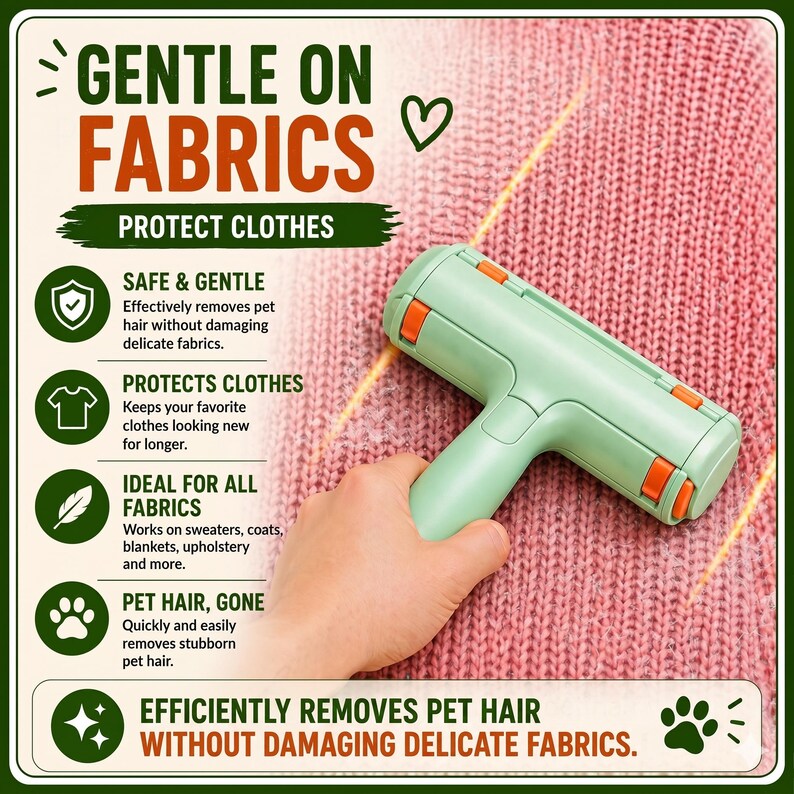 May include: A mint green pet hair remover with orange accents is held over a pink knitted fabric. The image includes text highlighting the product's ability to gently remove pet hair from clothes and protect fabrics.