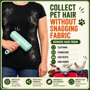 May include: A mint green pet hair remover roller is held against a black t-shirt covered in pet hair. Text reads "Collect Pet Hair Without Snagging Fabric" and "Remove Hair From Clothing, Furniture, Car Seats, and More!"