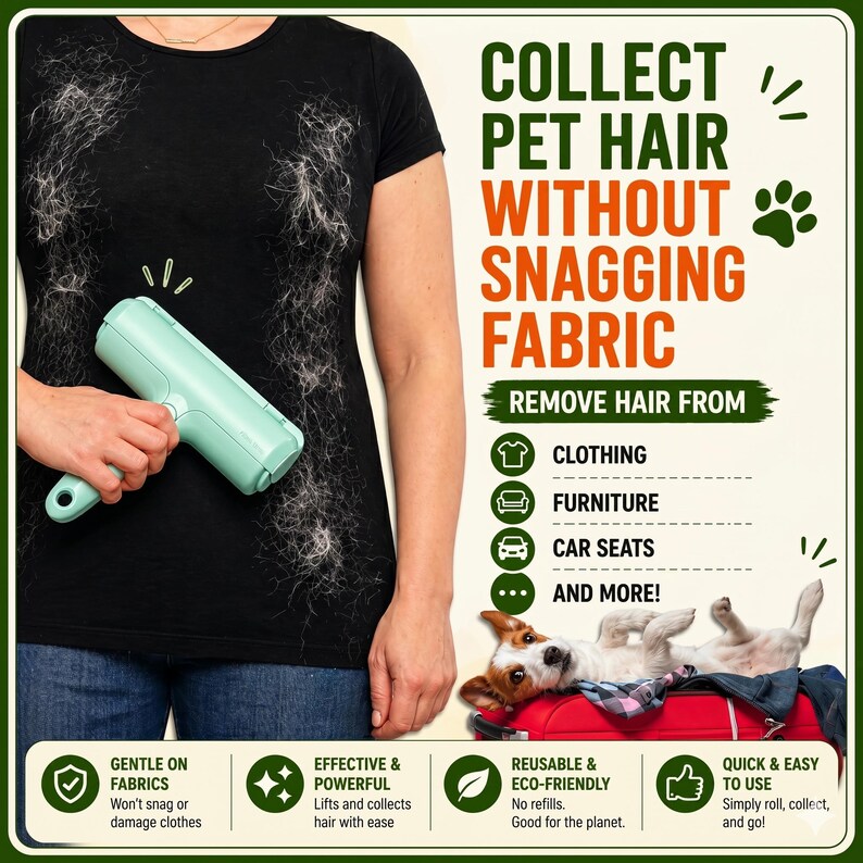 May include: A mint green pet hair remover roller is held against a black t-shirt covered in pet hair. Text reads "Collect Pet Hair Without Snagging Fabric" and "Remove Hair From Clothing, Furniture, Car Seats, and More!"