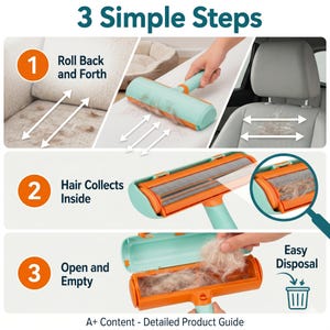 May include: An instructional graphic shows a pet hair remover in three steps. The first step shows the roller being used on a couch and car seat. The second step shows hair collecting inside. The third step shows the hair being emptied into a trash can.