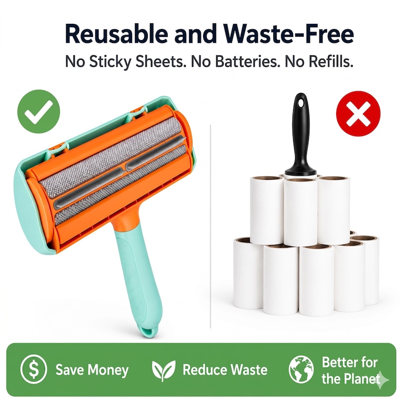 May include: A reusable pet hair remover in teal, orange, and gray, with the text "Reusable and Waste-Free." The image contrasts it with a traditional lint roller. The bottom banner reads "Save Money," "Reduce Waste," and "Better for the Planet."