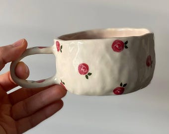 Handmade Ceramic Rose Mug: Cottagecore Floral Pottery Tea Cup