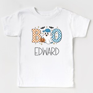 Chemise d'Halloween personnalisée pour enfants, t-shirt fantôme personnalisé pour garçons, fantôme BOO avec casquette de baseball, jolie chemise d'Halloween à carreaux pour amateurs de baseball