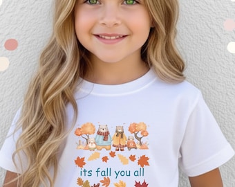 秋のクマのファミリーキッズTシャツ、落ち葉の秋の衣装、かわいい森の動物のシャツ、兄弟お揃いの秋の衣装、幼児用Tシャツ