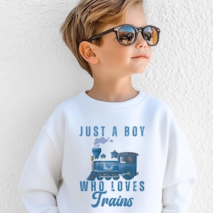 May include: White sweatshirt featuring a blue train graphic and the text "JUST A BOY WHO LOVES Trains". The sweatshirt is made of a soft material and is suitable for children. The design features a classic train illustration.