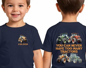 Nunca se tienen demasiados tractores, camiseta personalizada de tractor para niños, camiseta para amantes de los tractores, camiseta retro con diseño de granja para niños