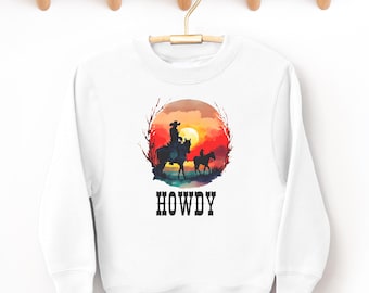Westerncowboy-zonsondergangssweatshirt voor kinderen, Howdy-print met ronde hals voor kinderen, westerndesigntrui voor peuters