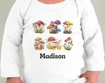 Body personalizado para niña con diseño de setas, bonito conjunto de bebé con temática de bosque y nombre personalizado.