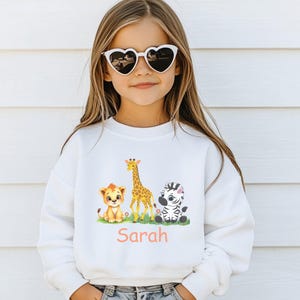 Personalized Kids Safari Animal Sweatshirt, Custom Name Jungle Theme Sweater with Lion, Giraffe & Zebra, Toddler Safari Bday Sweatshirt