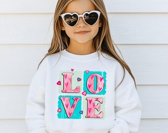 Liebe Herz Grafik Valentinstag Kinder Sweatshirt für Kinder, Mädchen Valentinstag Rundhalsausschnitt, Mädchen Pullover, Geschenk für Mädchen