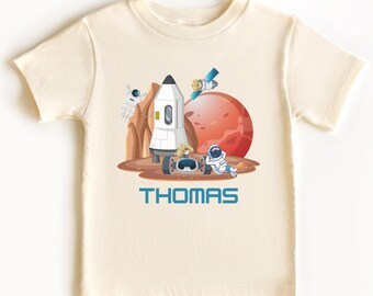 Personalized Kids Space Shirt with Astronaut & Rocket on Planet, Custom Name Tee for Toddlers