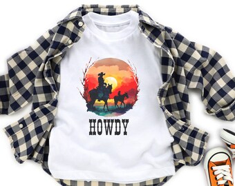 T-shirt westerncowboy zonsondergang kinderen, grafisch Howdy Rodeo-shirt voor kinderen, westerndesignshirt peuter