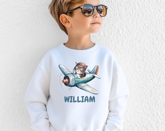 Sweatshirt met gepersonaliseerd vliegtuigontwerp voor kinderen, peuter schattig vliegtuig met ronde hals, luchtvaarttrui voor jongens en meisjes