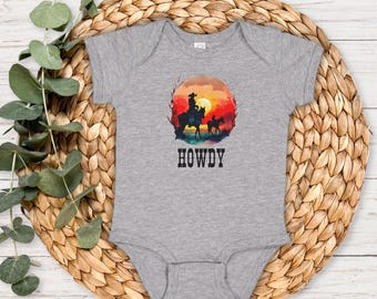 Bodysuit met westerncowboy zonsondergang voor kinderen, Howdy-romper met grafische print voor kinderen, babyoutfit met westerndesign voor peuters