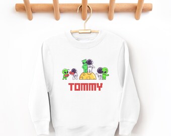 Personalized Astronaut and Alien on Planet Sweatshirt,  Custom Name Cute Space Pullover, Fun Galaxy Crewneck for Kids