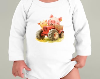 Farm Animals Tractor Baby Bodysuit, Barnyard Tractor Infant Outfit