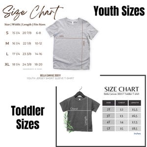 Puede incluir: Una tabla de tallas para camisetas juveniles y para ni&ntilde;os peque&ntilde;os. La tabla incluye medidas en pulgadas para el ancho, el largo y el pecho. Las tallas juveniles son para camisetas Bella Canvas 3001Y y las tallas para ni&ntilde;os peque&ntilde;os para camisetas Bella Canvas 3001T.