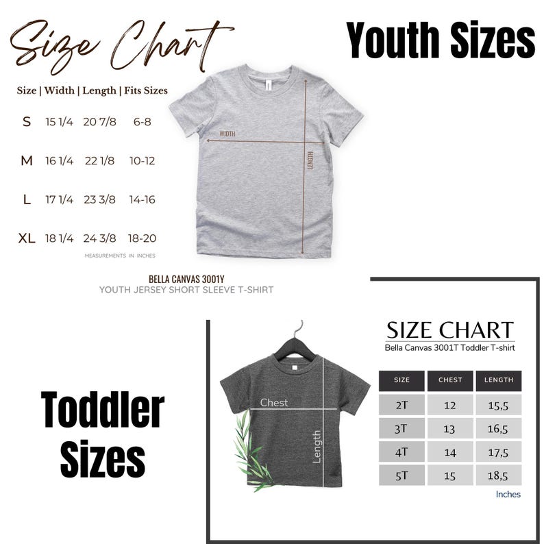 Puede incluir: Una tabla de tallas para camisetas juveniles y para ni&ntilde;os peque&ntilde;os. La tabla incluye medidas en pulgadas para el ancho, el largo y el pecho. Las tallas juveniles son para camisetas Bella Canvas 3001Y y las tallas para ni&ntilde;os peque&ntilde;os para camisetas Bella Canvas 3001T.