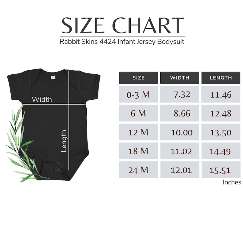 Puede incluir: Body de beb&eacute; de punto de jersey negro con una tabla de tallas. La tabla muestra las medidas en pulgadas para tallas de 0-3 meses a 24 meses. El texto "SIZE CHART" est&aacute; en la parte superior.