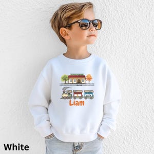 Personalized Kids Train Sweatshirt, Bright Primary Colors Toddler Sweater, Custom Name Birthday Outfit, Gift For Boys And Girls
