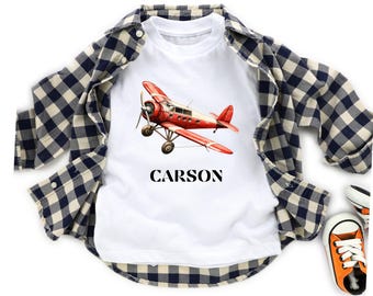 Personalized Vintage Airplane Kids Shirt, Retro Plane Kids T-Shirt, Custom Name Aviation Boys And Girls Tees