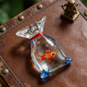 Puede incluir: Una escultura de vidrio transparente de un pez dorado en una bolsa. La bolsa tiene detalles azules y una banda roja. El pez dorado es naranja y blanco. La escultura está sobre una superficie de cuero marrón.