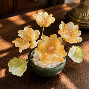 May include: A decorative arrangement featuring translucent amber-colored resin flowers with delicate petals and beaded centers, set in a small dark green ceramic bowl filled with white pebbles, accompanied by two light green translucent leaves.