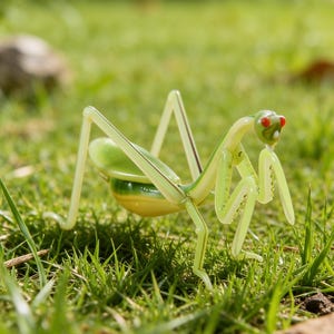 May include: A detailed glass praying mantis sculpture with a light green body, yellow abdomen, and red eyes. The insect is posed on a bed of green grass, showcasing its delicate legs and antennae. A unique decorative item.