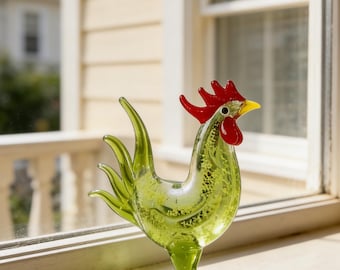 Handmade cute glass rooster figurine, green rooster statue, home decoration glass art piece, rooster glass tabletop ornament