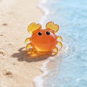 May include: A small, orange crab figurine with black eyes and yellow-tinted claws sits on a sandy beach. The crab is positioned near the edge of the water, with gentle waves lapping at the shore. The scene evokes a sense of summer and the ocean.