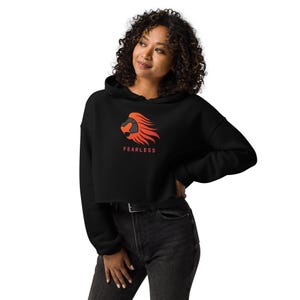 Fearless Lion Graphic Crop Hoodie - Cotton Blend Raw Hem