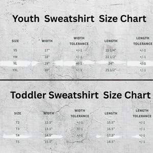 The image is a youth sweatshirt size chart, which provides the size, width, tolerance, and length for different age groups.