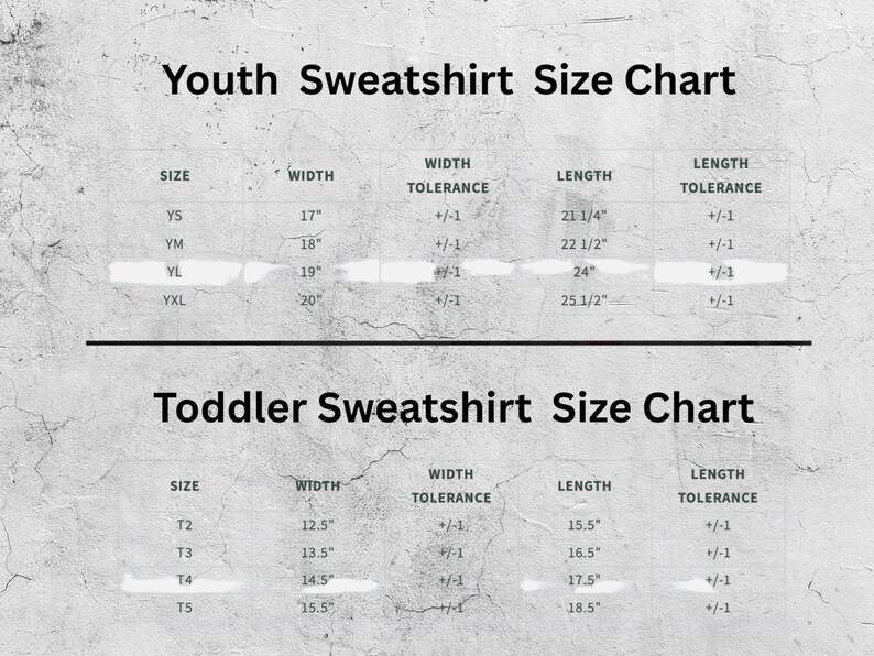 The image is a youth sweatshirt size chart, which provides the size, width, tolerance, and length for different age groups.