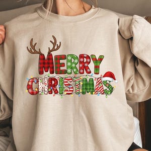 Merry Christmas Sweatshirt, Christmas Pj Set, Xmas Gift Crewneck, Reindeer Shirt, Christmas Sweater,Santa Hat Shirt