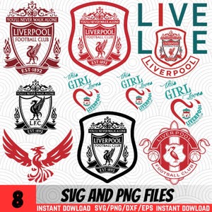 Könnte beinhalten: Eine Sammlung von Logos und Grafiken des Liverpool Football Club in Rot, Schwarz und Weiß. Enthält den Satz „You'll Never Walk Alone“ und den Text „EST. 1892“. Das Bild enthält auch den Text „SVG AND PNG FILES“.