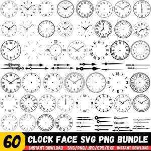 May include: A collection of 60 clock face designs in black and white. The designs include various styles of clock faces, hands, and Roman numerals. The image also includes the text "60 CLOCK FACE SVG PNG BUNDLE".