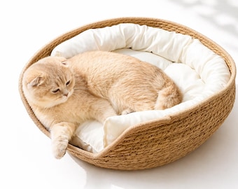 Corbeille chat paille tressée artisanale — nid naturel coussin moelleux, forme oreilles | lit chat bohème & écologique