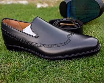 Mocasines de cuero negro para hombre, hechos a mano - Zapatos brogue de punta alada de primera calidad, elegantes zapatos de vestir para hombre, ideales para bodas, la oficina y eventos formales.