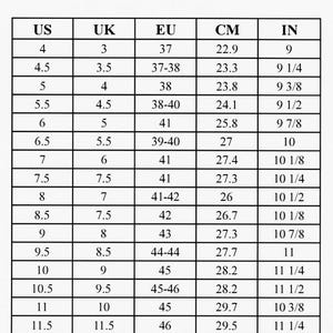 May include: A shoe size conversion chart from ASLeatherGifts, with US, UK, EU, CM, and IN measurements. The chart includes sizes from US 4 (9 inches, 22.9 cm) to US 14 (12 1/2 inches, 31.4 cm).