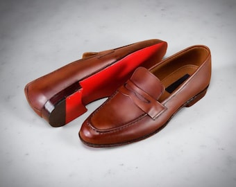 Christian Louboutin Business Braune Leder Loafers rote Sohle | Handgefertigte Klassische Slip-On Abendschuhe