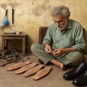 Puede incluir: Un zapatero con camisa y pantalones de color verde claro est&aacute; sentado en el suelo trabajando con plantillas de cuero. Cuatro plantillas de cuero color canela est&aacute;n alineadas en el suelo, junto a un par de mocasines negros a su derecha.