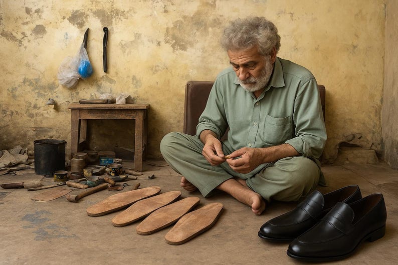 Puede incluir: Un zapatero con camisa y pantalones de color verde claro est&aacute; sentado en el suelo trabajando con plantillas de cuero. Cuatro plantillas de cuero color canela est&aacute;n alineadas en el suelo, junto a un par de mocasines negros a su derecha.