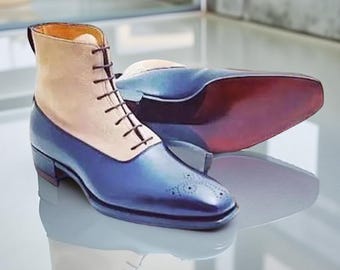 Handmade Two-Tone Leather Ankle Boots: Blue & Beige Suede
