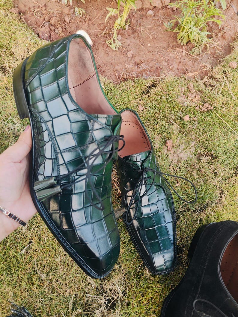 Handmade Green Alligator Print Leather Oxford Shoes: Luxury Formal Wear image 3